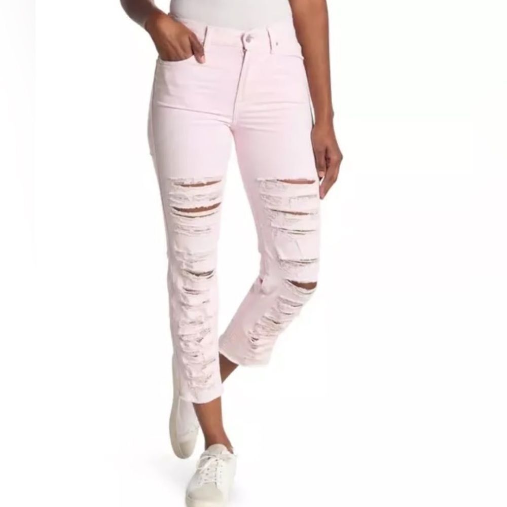 7 For All Mankind High Waist Cropped Straight jeans Size 27 pink destroyed